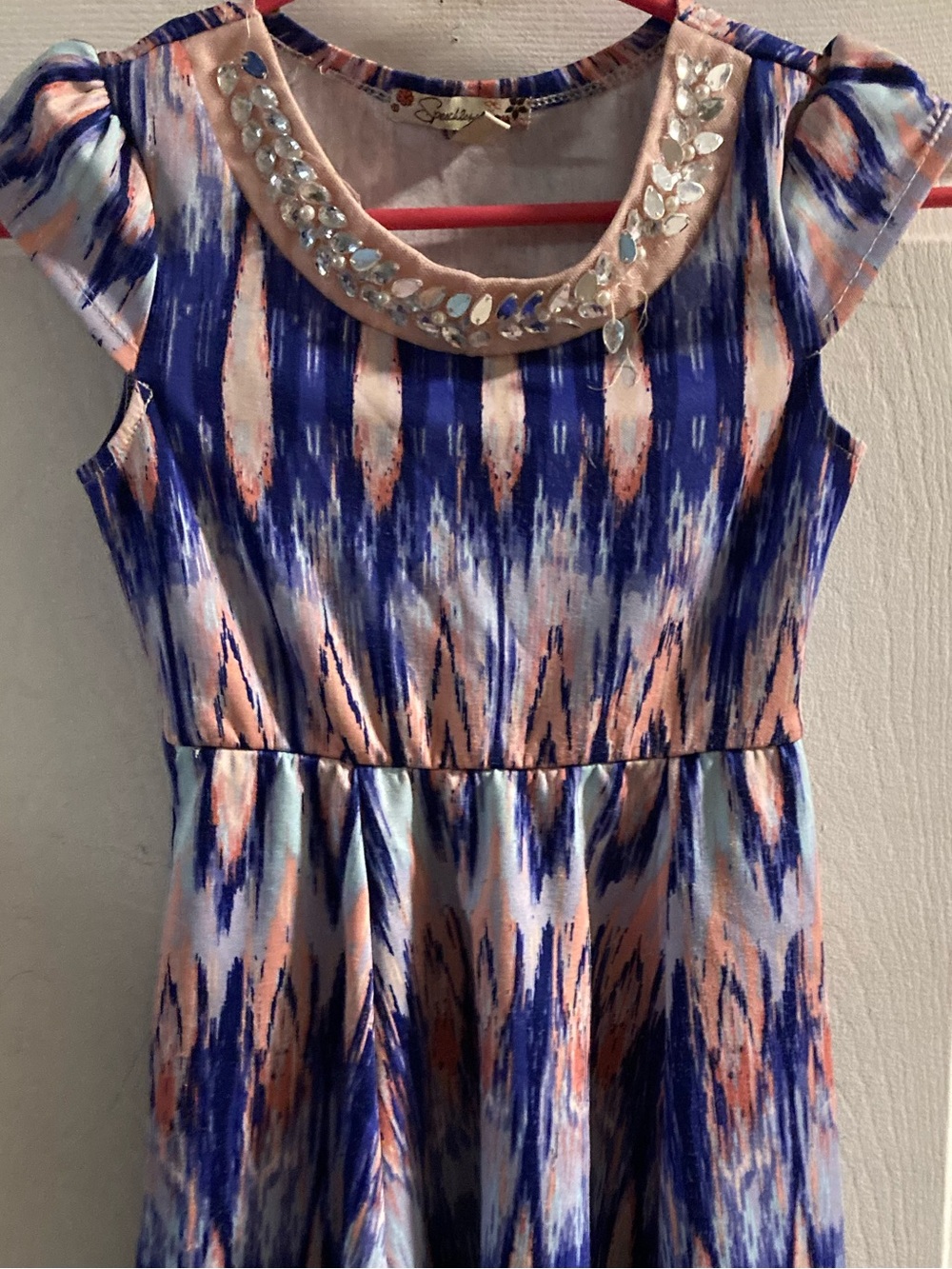 Speechless Blue and Pink Patterned Jewel-Neck Fit & Flare Dress